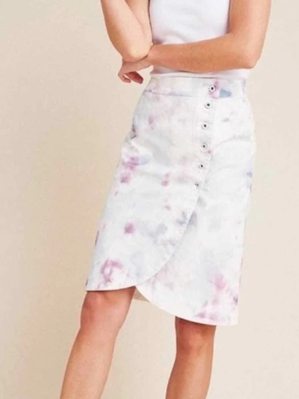 [0]Anthropologie White Tie-Dye Wrap Midi Denim Skirt